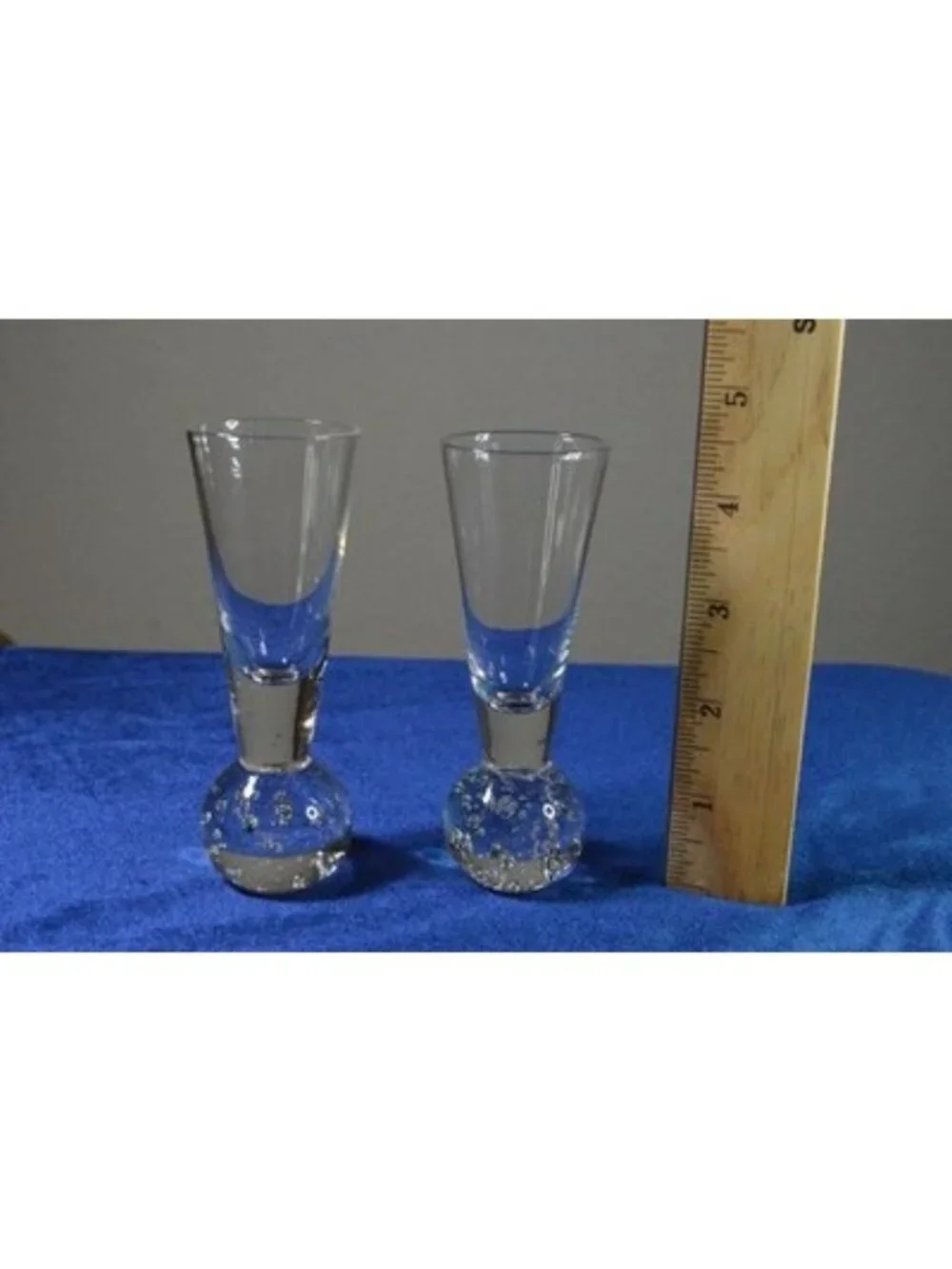 Vintage MCM Clear Glass Cordial Glasses Bubble Base Trumpet Flute Set of 2 Art